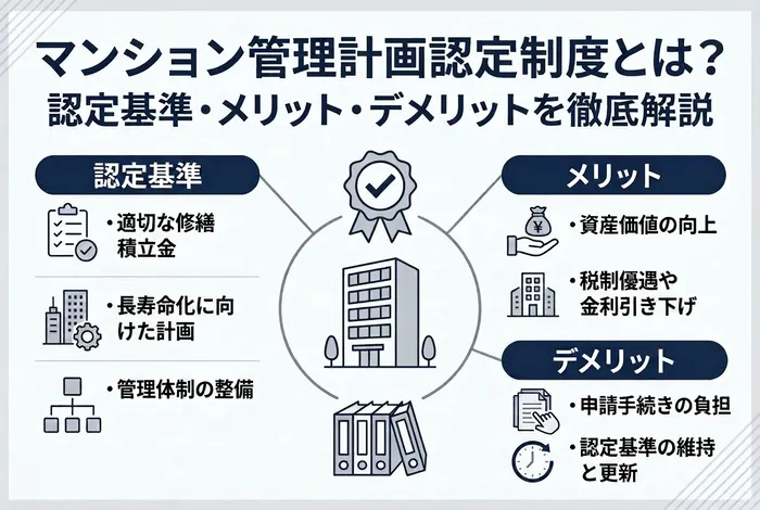 マンション管理計画認定制度とは？認定基準、メリット、デメリットを解説する図解アイキャッチ画像